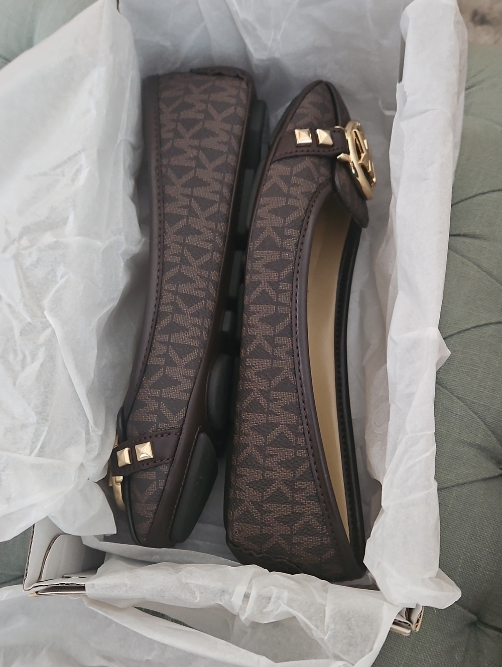 Michael Kors Dark Brown MK Logo Ballet Flats with Gold Hardware